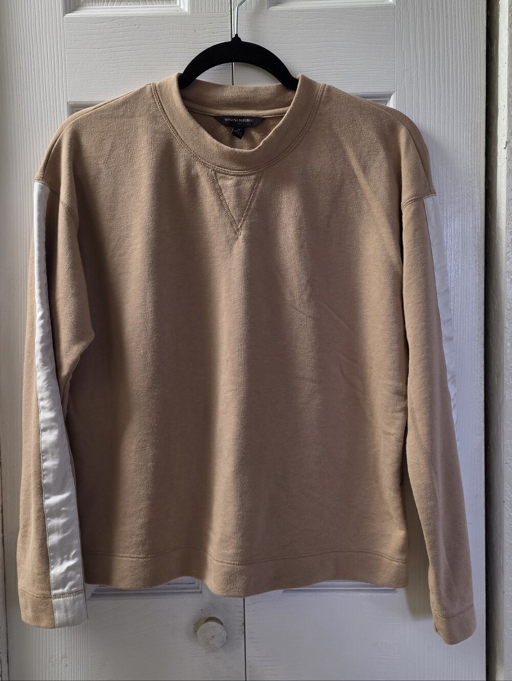 Banana Republic Tan Crewneck Sweatshirt with White Sleeve Stripe